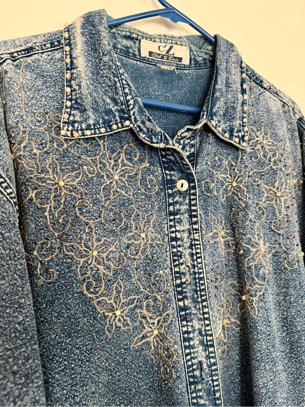 Vintage Club Z Denim Acid Wash Embroidered beaded Studded Oversized Shirt 80s 90 - Picture 4 of 15